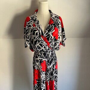 Vintage 1980s Maxi Silk Dress Graphic Black White Red Floral Print - Small/XS